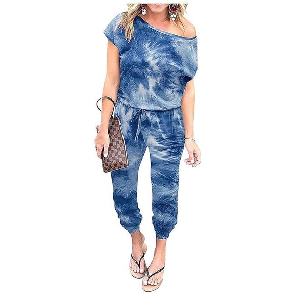 Pants - Women's Loose Solid Off Shoulder Elastic Waist Stretchy Tie Dye-dark Blue
